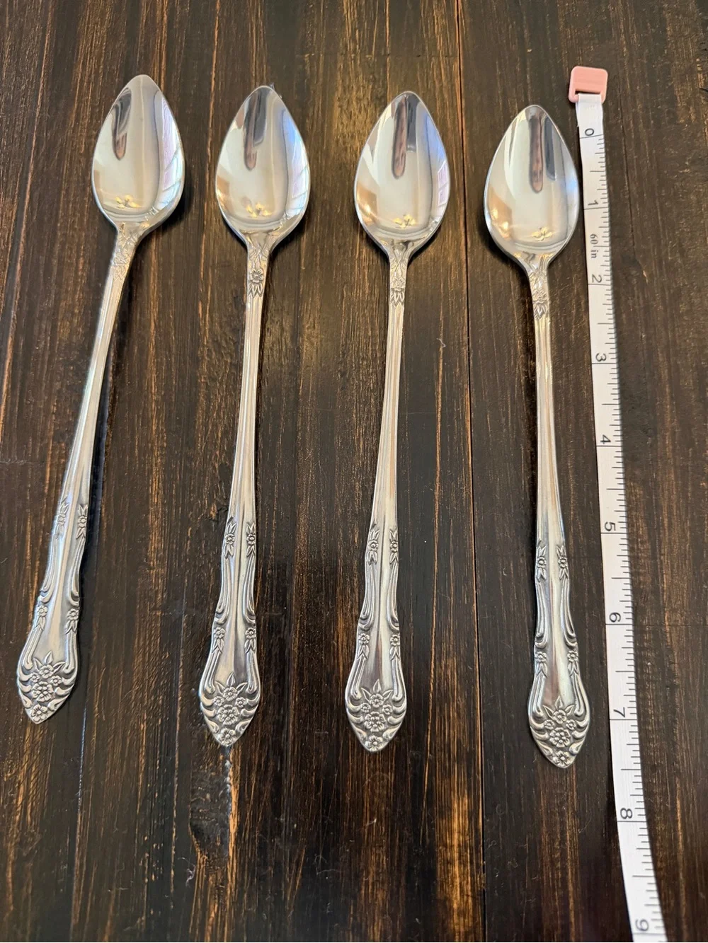 Lot of 4 Rogers Stainless Korea Floral Iced Tea Spoons 7.5” Vintage Flatware